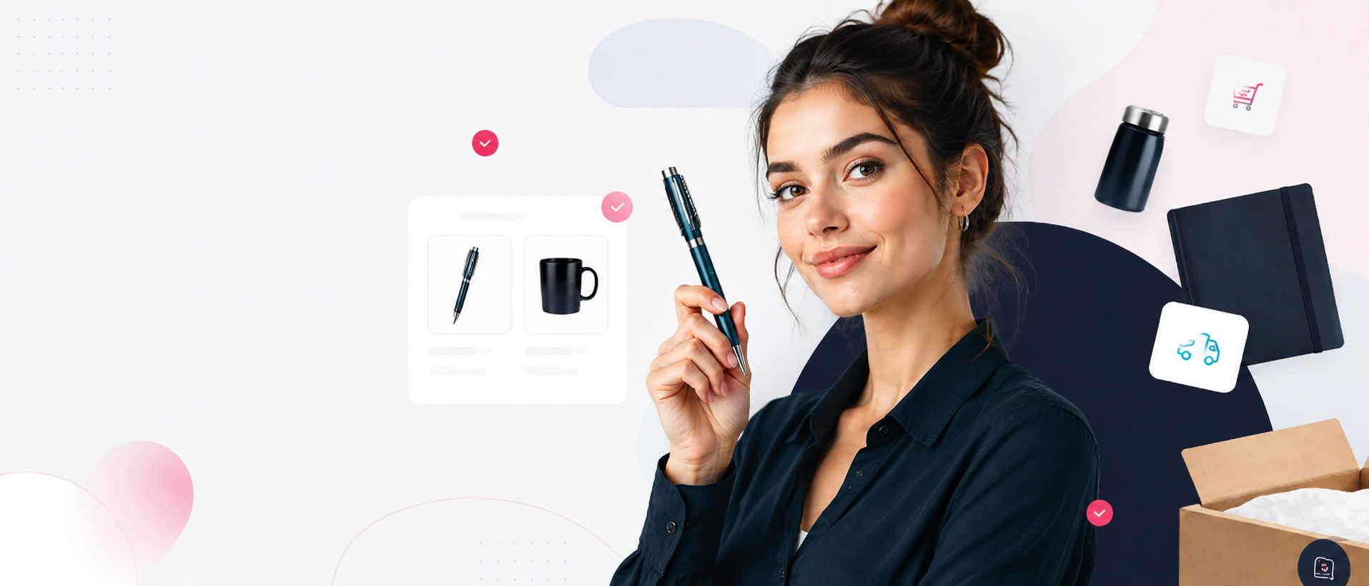 Gadżety reklamowe z logo: długopis, kubek, notes i opakowanie